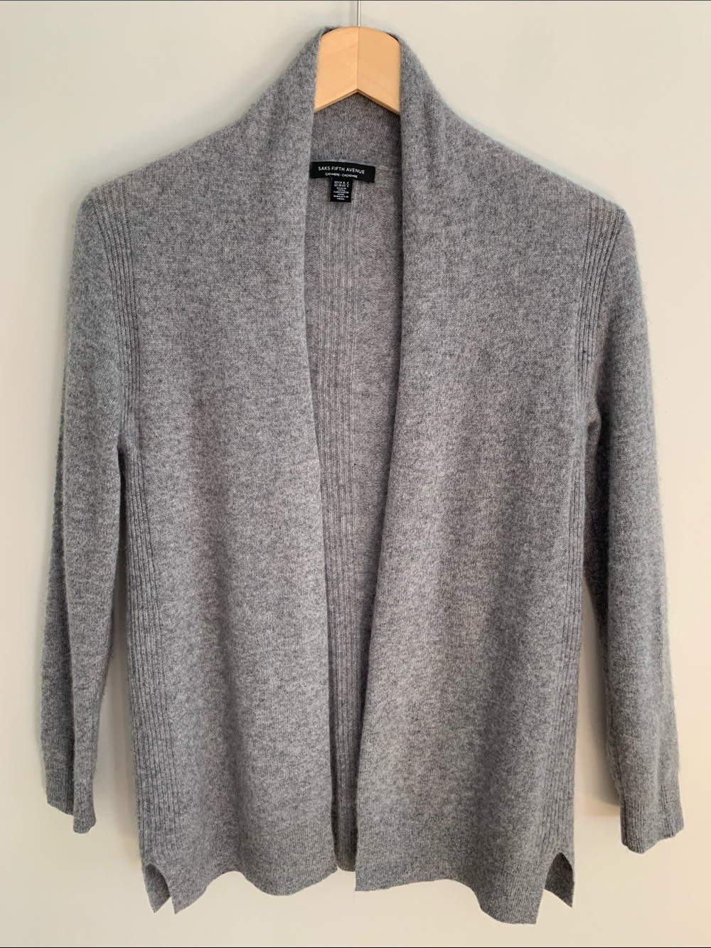 Saks Fifth Avenue 100% Cashmere Open Front Cardigan Sweater Grey Size XS